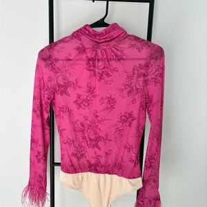 Womens Fuchsia Floral Mock Neck Bodysuit